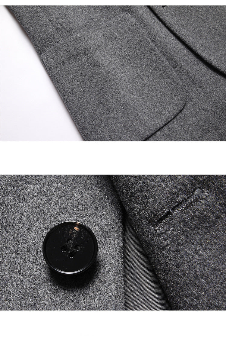 Close-up details of the gray blazer showing the pocket construction and black button