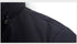 Detailed view of the coat’s shoulder, showing the smooth black fabric and an adjustable drawstring with a stopper