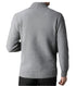 Back view of gray knit sweater showing ribbed collar and clean silhouette against black pants