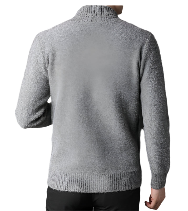 Back view of gray knit sweater showing ribbed collar and clean silhouette against black pants