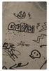Detail view of graffiti artwork on t-shirt showing devil face icon and 'Graffiti' bubble lettering