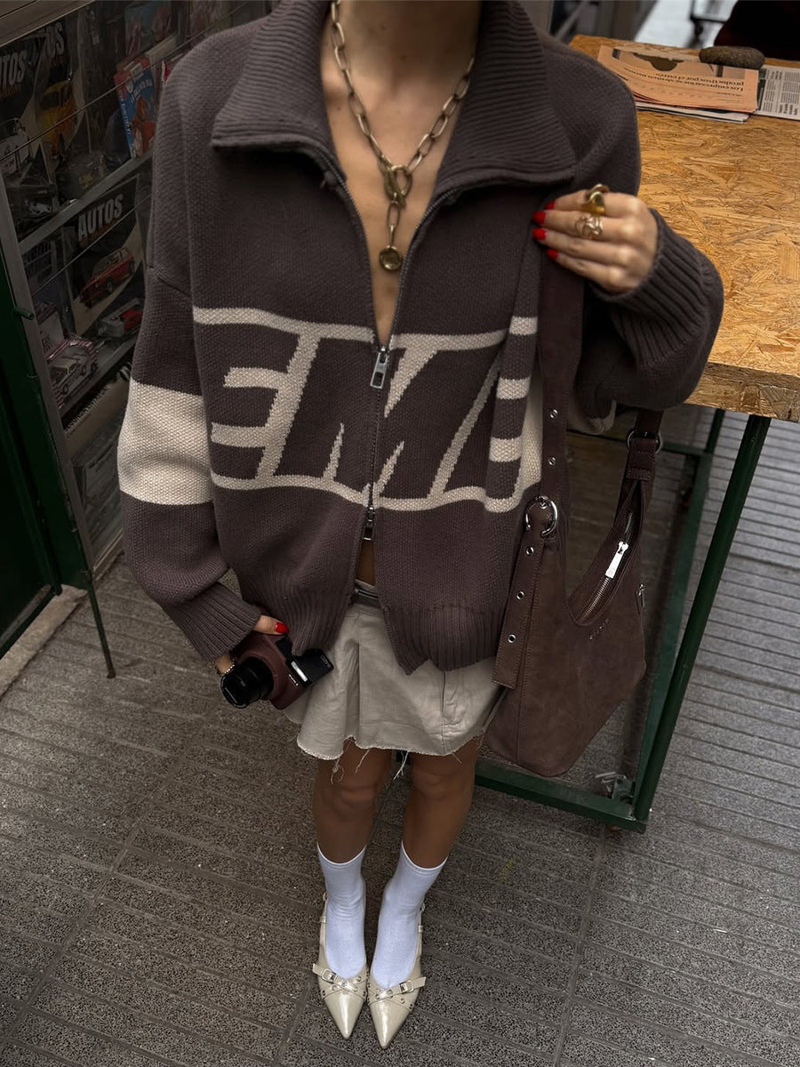 Retro Jacquard Letter Zip Up Sweater – Sporty Colorblock Knit Cardigan