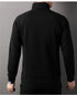 Back view of black quarter-zip pullover sweater showing clean tailoring and standing collar