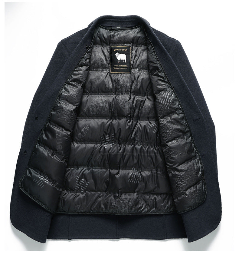 Open navy wool blazer showing black quilted down interior lining with subtle brand pattern and sheep logo label