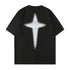 Black oversized tee displayed flat against white backdrop. Features white spray-painted cross graphic design with "HEADSTRONG" text overlay
