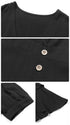 A detailed view of black dress features showing V-neckline design, decorative buttons, and puff sleeve construction