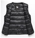 Black quilted down vest with DOWN FILLER sheep logo tag shown open on wooden hanger