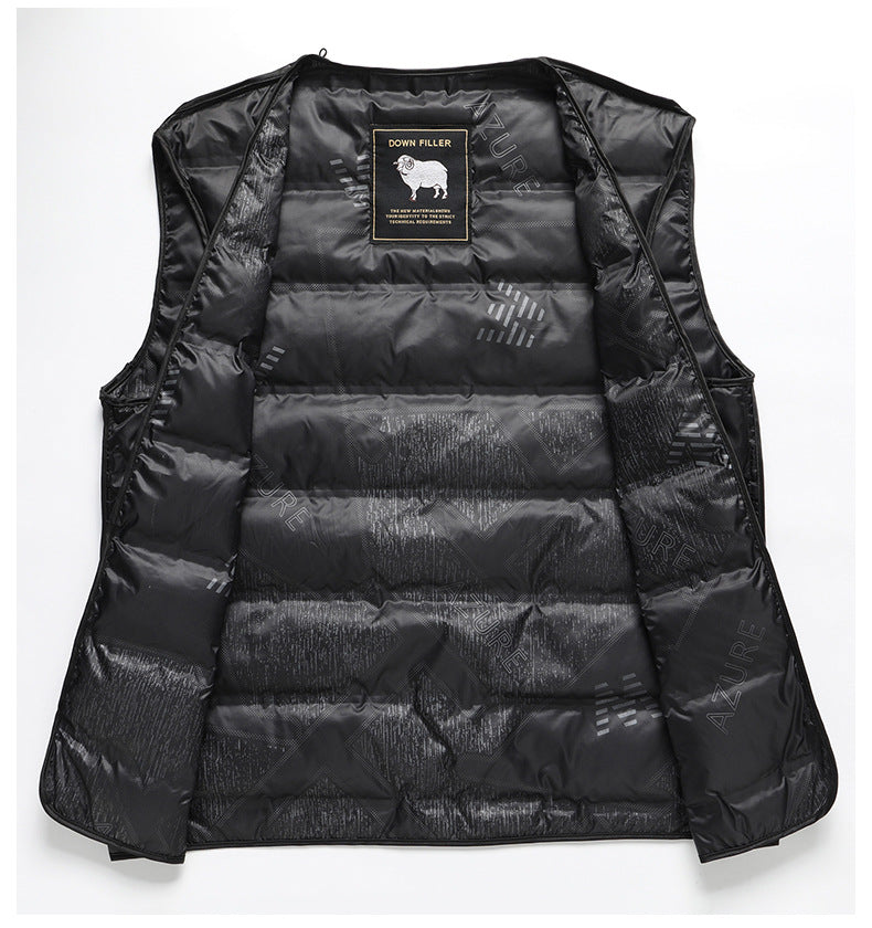 Black quilted down vest with DOWN FILLER sheep logo tag shown open on wooden hanger