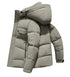 A light beige quilted down puffer coat shown from side angle with hood, featuring multiple pockets and sleek technical design on white background