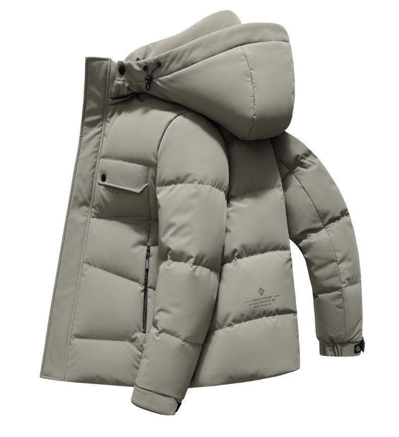 A light beige quilted down puffer coat shown from side angle with hood, featuring multiple pockets and sleek technical design on white background