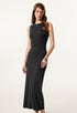 Female model in a dark grey sleeveless bodycon maxi dress, posing to show the flattering silhouette.