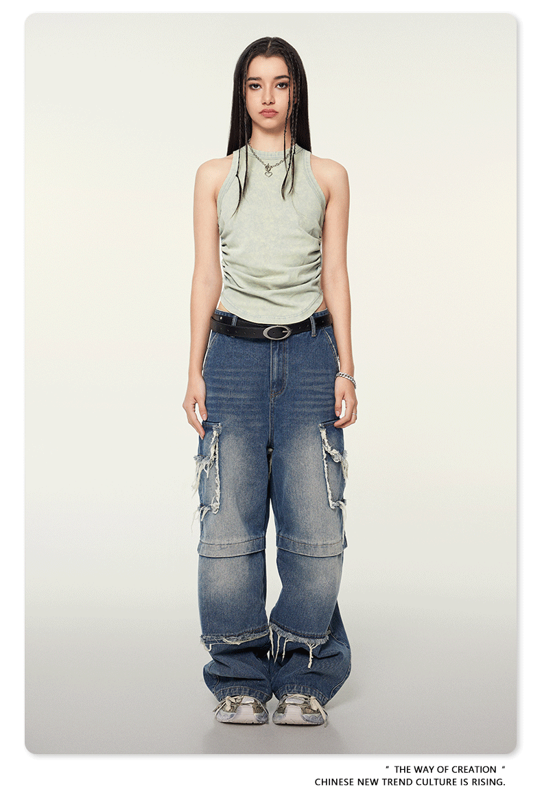 Mint green ruched tank top styled with distressed cargo jeans