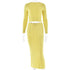 Pale yellow ribbed two-piece set with crop top and maxi skirt on mannequin, minimalist sustainable fashion