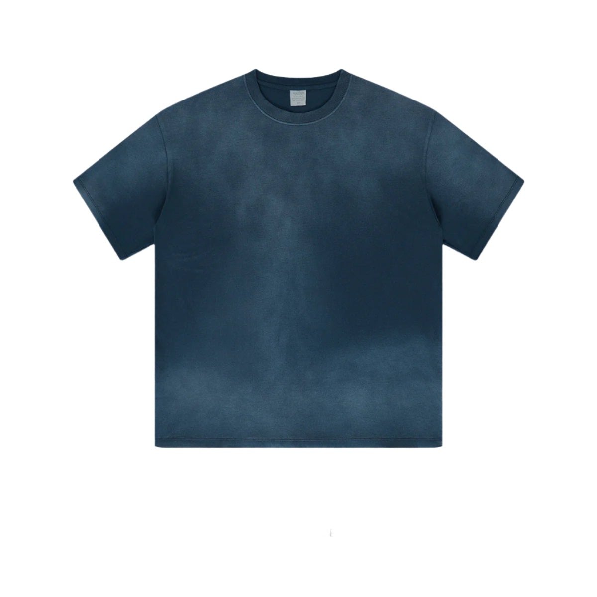Navy blue cotton t-shirt with crew neck and short sleeves displayed against light gray background