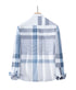 Back view of blue plaid shirt showing clean tailoring and pattern alignment across shoulders
