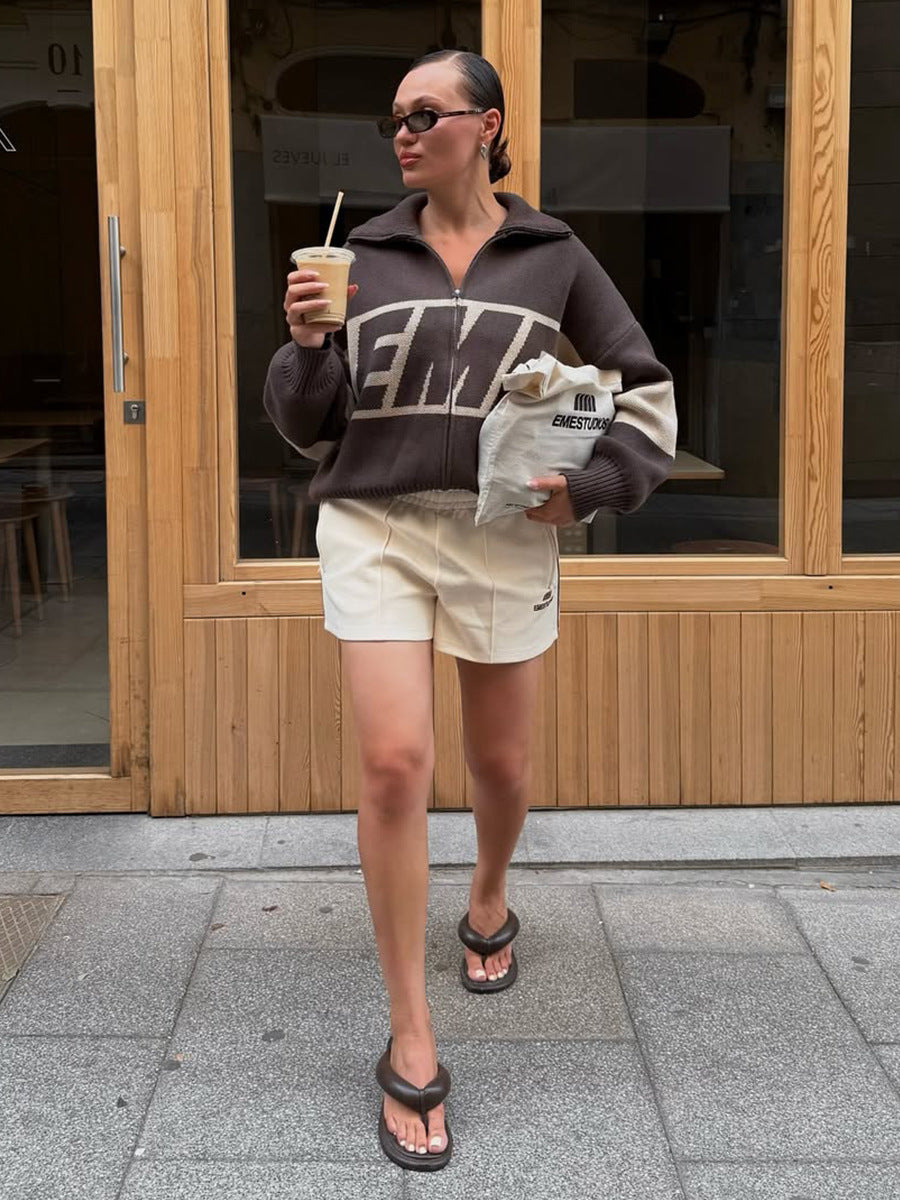 Retro Jacquard Letter Zip Up Sweater – Sporty Colorblock Knit Cardigan