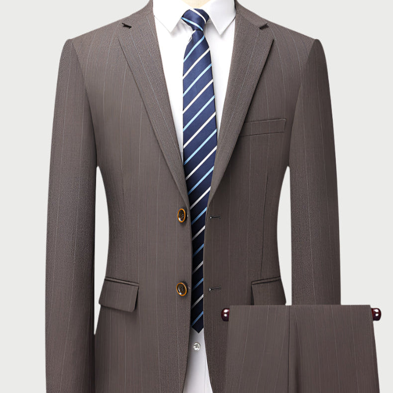 Gray pinstripe men's suit displayed on mannequin with white shirt and blue striped tie, front view showing two-button jacket and matching trousers