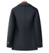 Back view of navy wool blazer on wooden hanger showing clean tailored lines and center vent