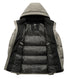A fully opened light sage green puffer jacket displaying striped inner lining with Element brand logo tag and black interior details