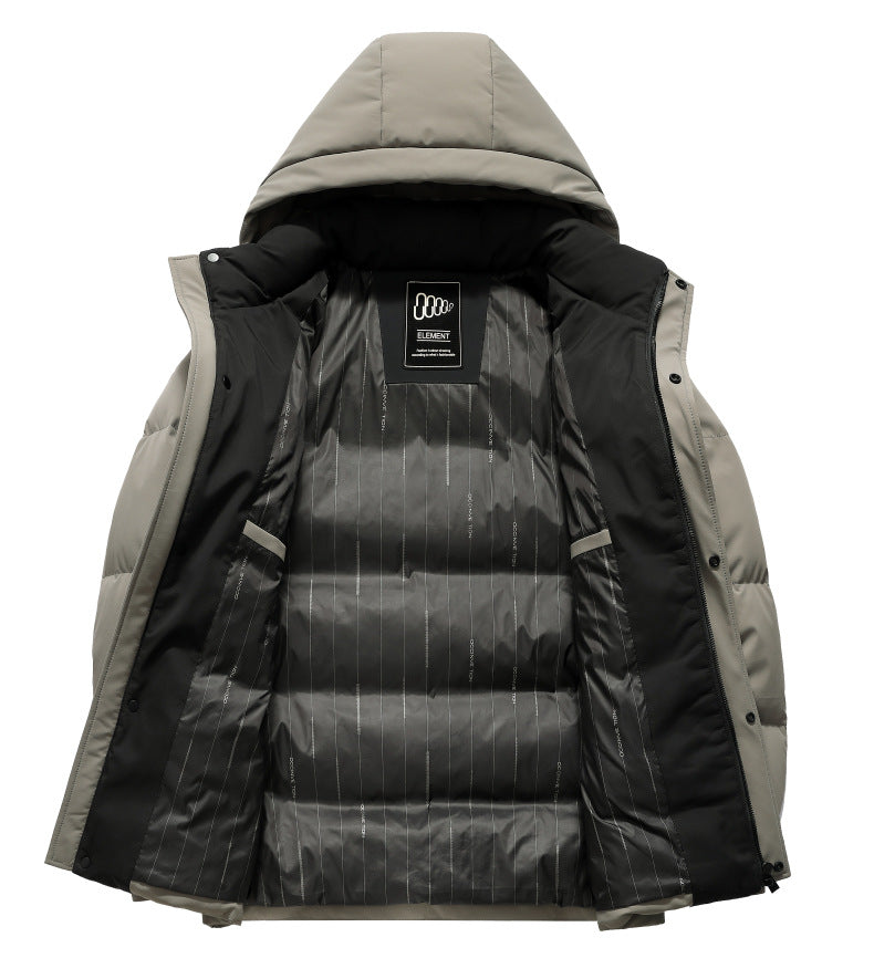 A fully opened light sage green puffer jacket displaying striped inner lining with Element brand logo tag and black interior details