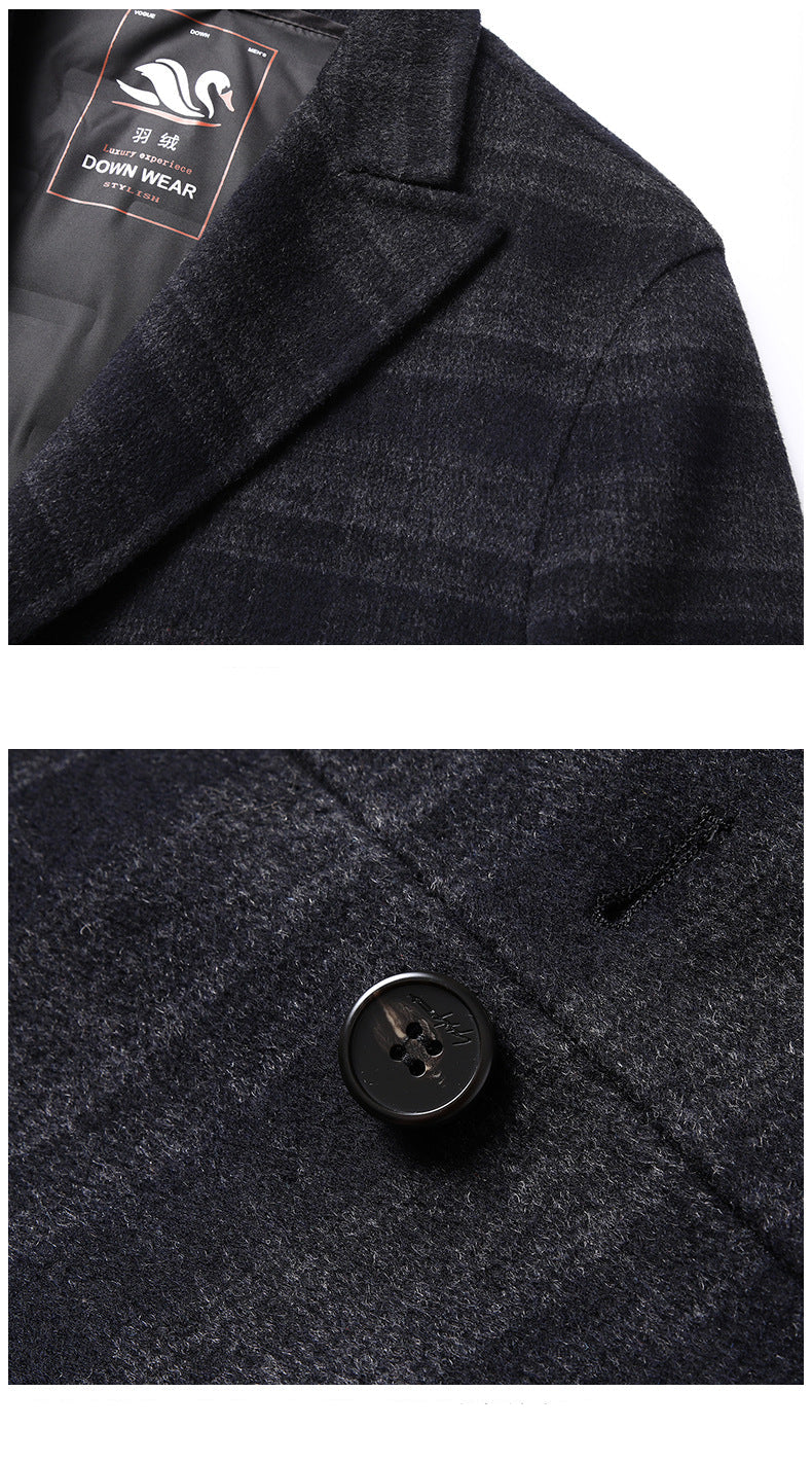 Close-up of the notched lapel and top button of the coat