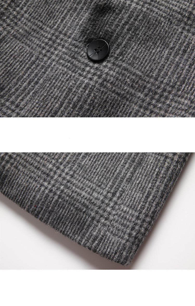 Close-up of gray glen plaid blazer button and fabric texture. Black button positioned on intersecting pattern lines shows quality craftsmanship