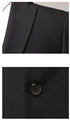 Detailed view of black suit fabric showing buttonhole construction and texture of the woven material