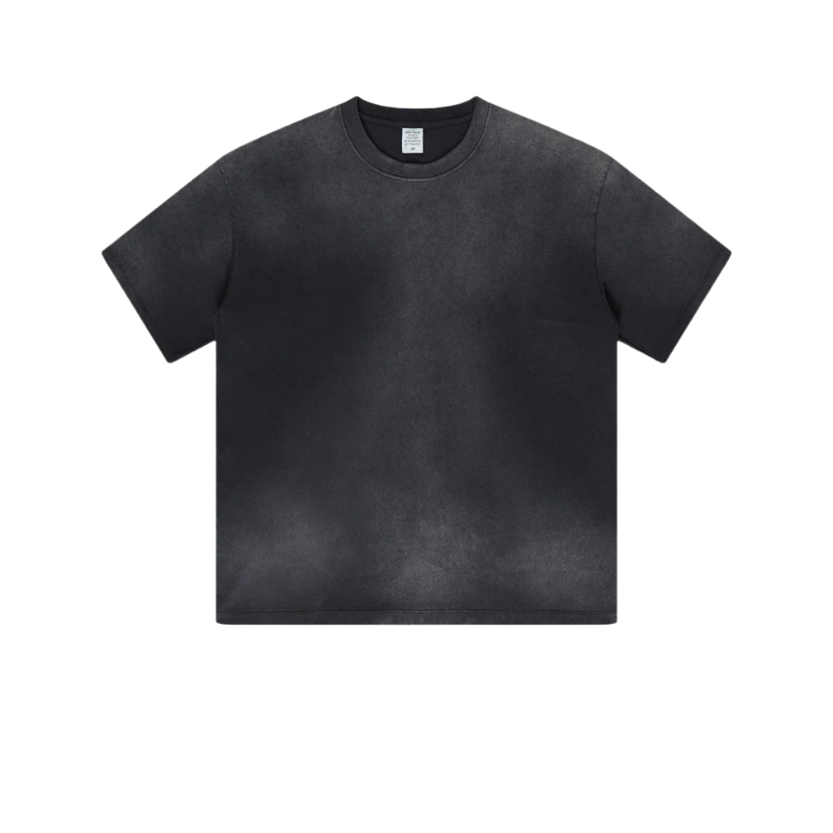 Black cotton t-shirt with crew neck and short sleeves displayed against light gray background