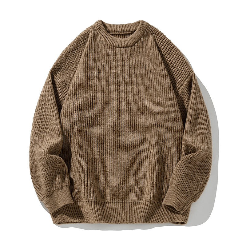 Taupe colored chunky knit sweater with ribbed texture and relaxed fit