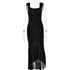 A black textured formal dress with square neckline and ruched waist displayed on mannequin against white background