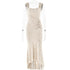 A beige jacquard formal dress with side gathering and high-low hemline displayed on mannequin against white background