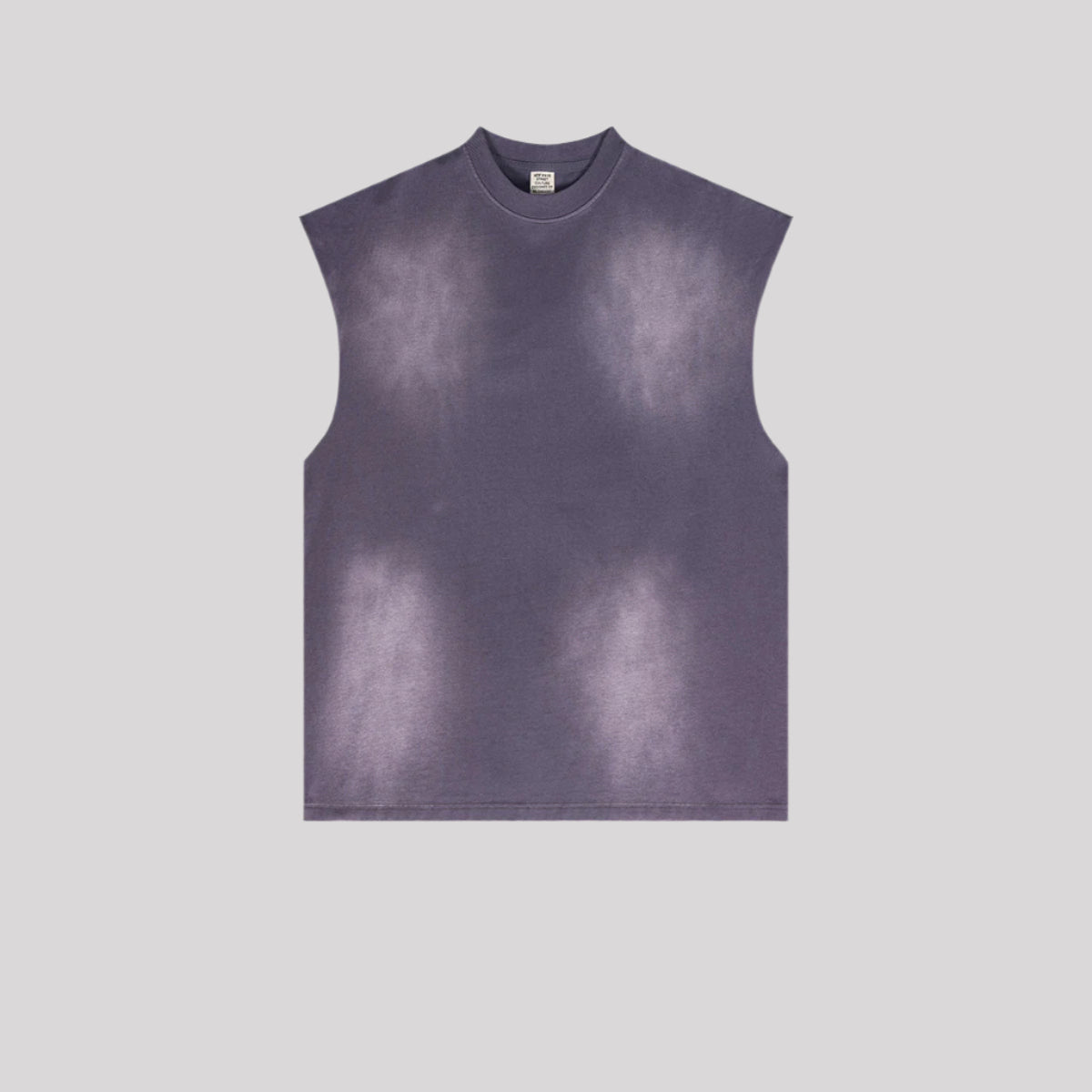 A dusty purple sleeveless muscle tee with mock neck and gradient wash effect displayed flat against light gray background