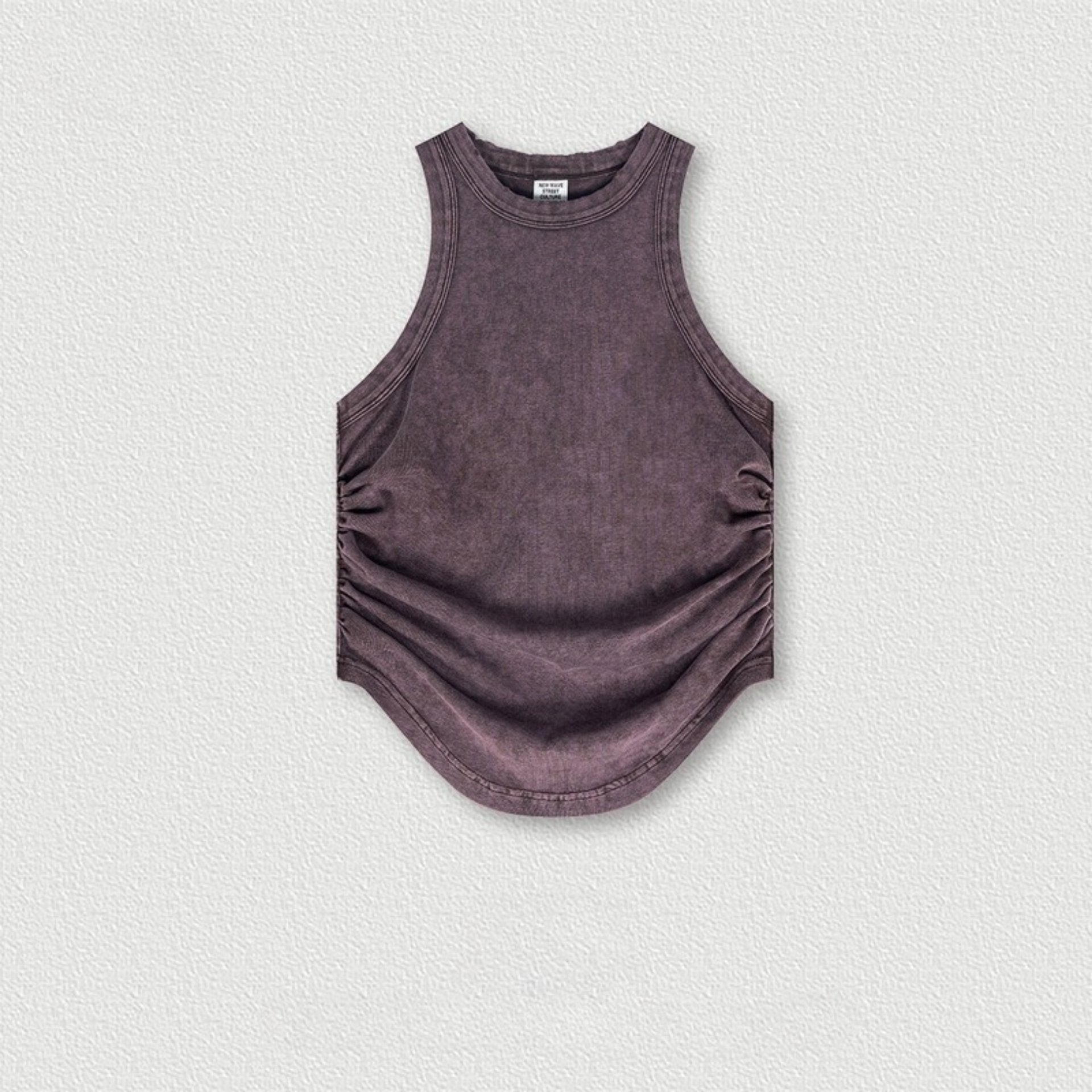 Grape purple sleeveless top with side ruching detail, flat product shot