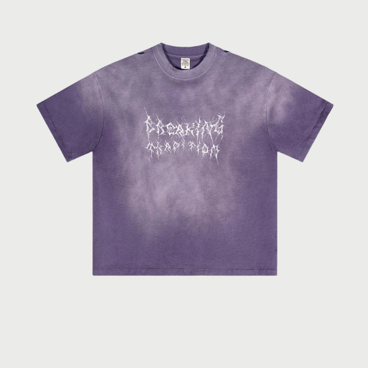 Purple gradient Breaking Tradition oversized t-shirt with metal-inspired white logo design