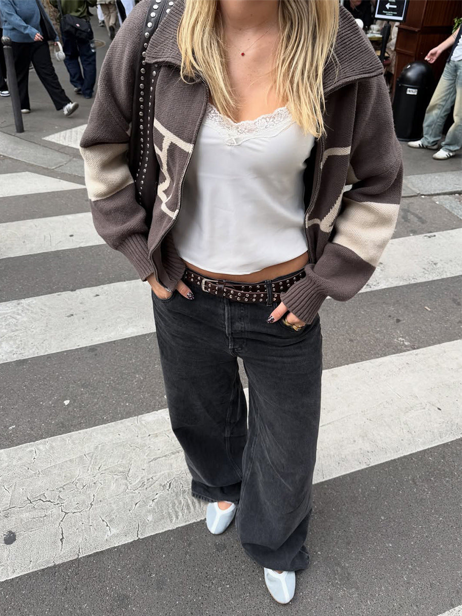 Retro Jacquard Letter Zip Up Sweater – Sporty Colorblock Knit Cardigan