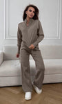 Women’s Knit 2 Piece Set – Drawstring Wide Leg Pants with Zip Jacket Top