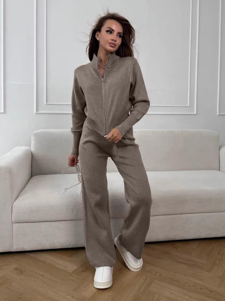 Women’s Knit 2 Piece Set – Drawstring Wide Leg Pants with Zip Jacket Top