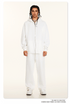 Model wearing light gray oversized zip-up hoodie and matching sweatpants with white rectangular sunglasses and silver chain necklaces against cream background