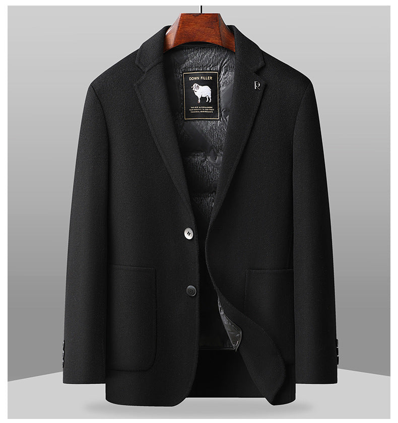 Navy wool blazer with lapel detail showing DOWN FILLER sheep logo tag and silver 'R' lapel pin