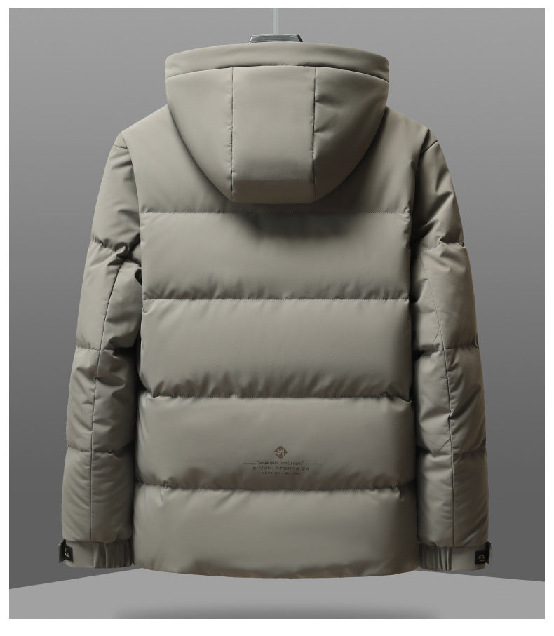 Back view of light beige puffer jacket showing quilted design, hooded collar and subtle brand embroidery at bottom with technical construction