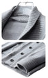 Close-up detail of gray knit cardigan fabric showing ribbed collar construction and soft wool-blend texture