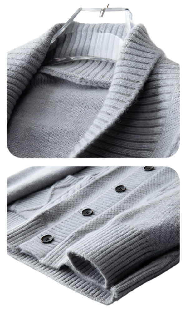 Close-up detail of gray knit cardigan fabric showing ribbed collar construction and soft wool-blend texture