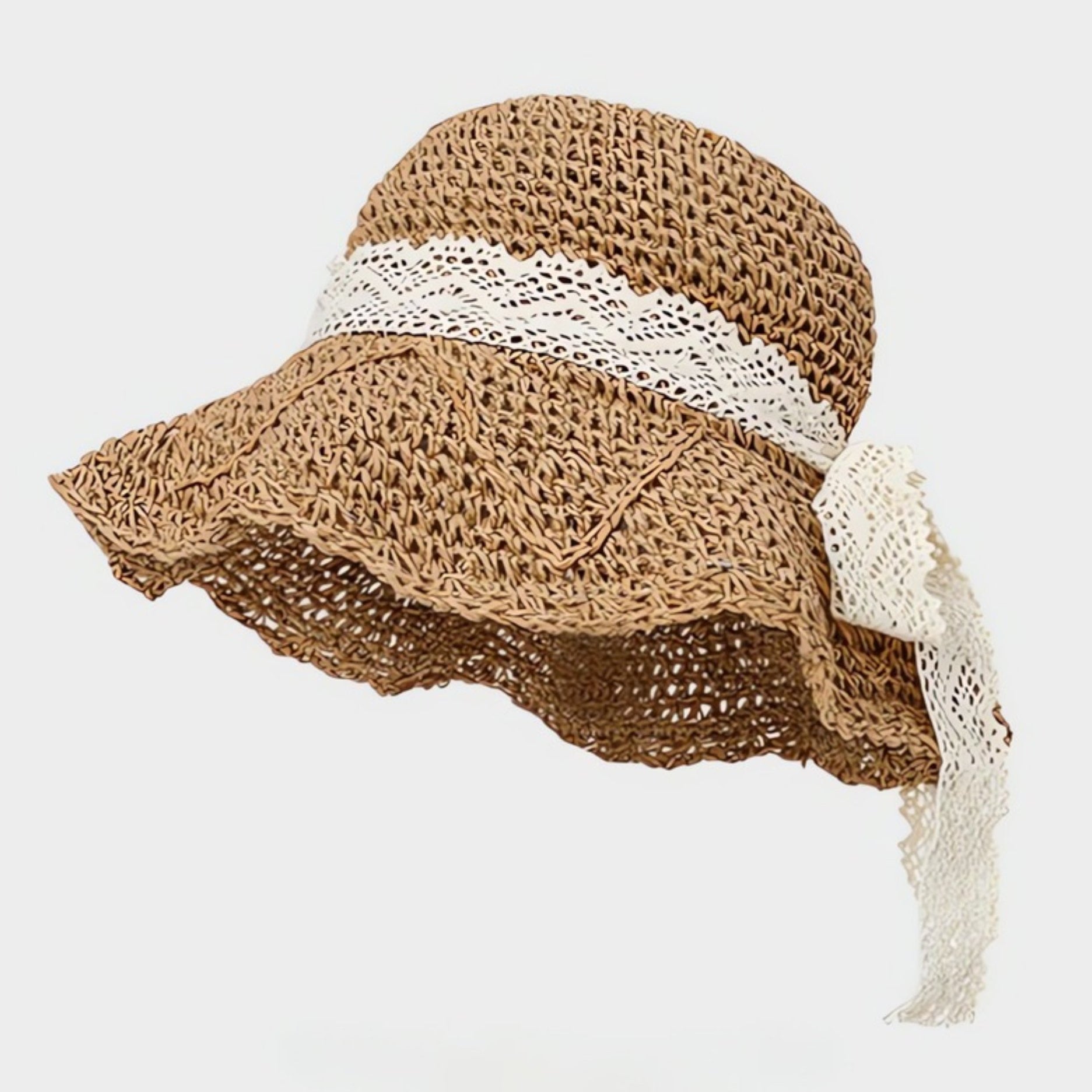 A khaki straw sun hat with a wavy brim, featuring a delicate white lace ribbon tied into a bow, perfect for summer elegance.