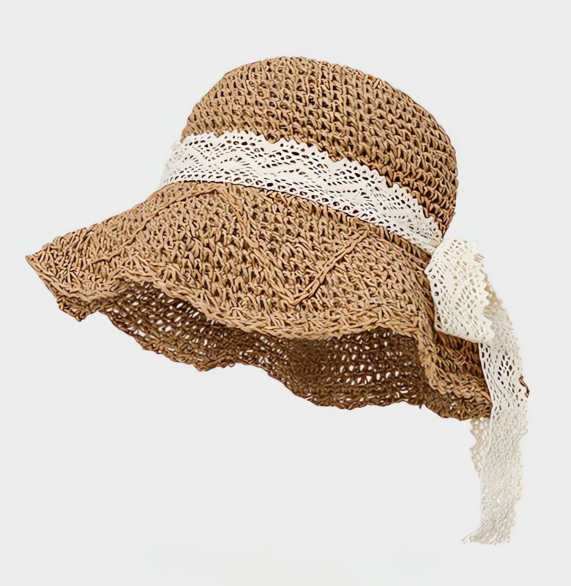A khaki straw sun hat with a wavy brim, featuring a delicate white lace ribbon tied into a bow, perfect for summer elegance.