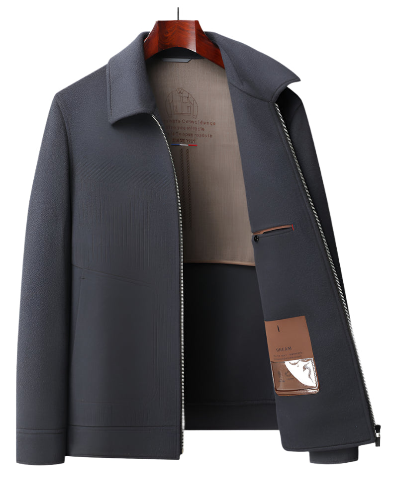 Charcoal gray wool jacket with collar open showing inner lining and product tag