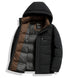 A black down puffer jacket partially unzipped showing brown lining, Element brand label and striped interior, with chest pocket detail