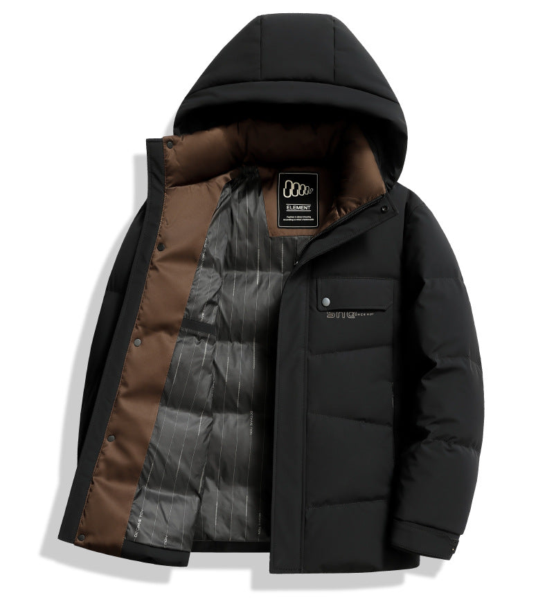 A black down puffer jacket partially unzipped showing brown lining, Element brand label and striped interior, with chest pocket detail