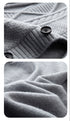 Macro detail of gray cardigan showing black button and ribbed trim alongside close-up of soft knit texture