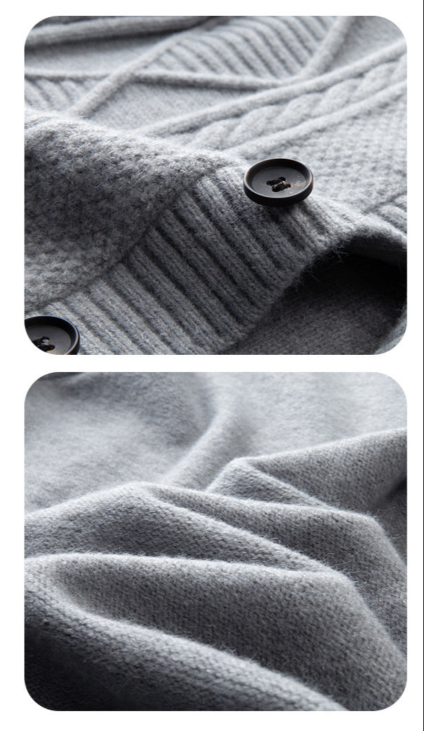 Macro detail of gray cardigan showing black button and ribbed trim alongside close-up of soft knit texture