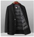 Front view of dark brown wool blazer partially open showing black quilted down lining and sheep logo tag